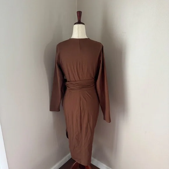 Audrey Leighton Brown V Neck Long Sleeve Midi Wrap Dress Size Large - Picture 6 of 12